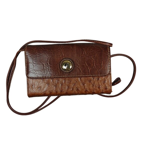 Vintage Carryland Genuine Leather Brown Crossbody Wallet Organizer Croc Embossed - Picture 1 of 8